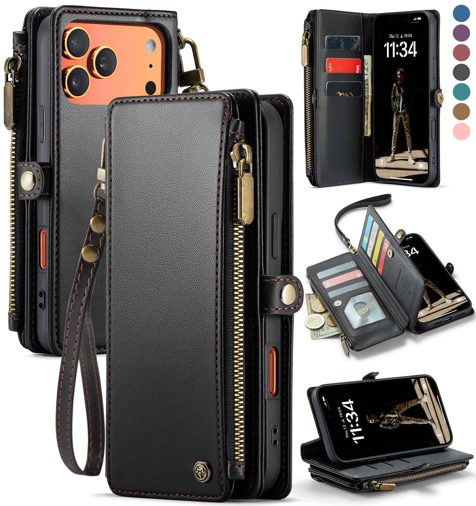 Photo 1 of Defencase Compatible with iPhone 17 Pro Case Wallet with RFID Blocking Card Holder for Women and Men, Fashion PU Leather Magnetic Snap Flip Zipper Strap Wallet Phone Case for iPhone 17 Pro 6.3", Black
