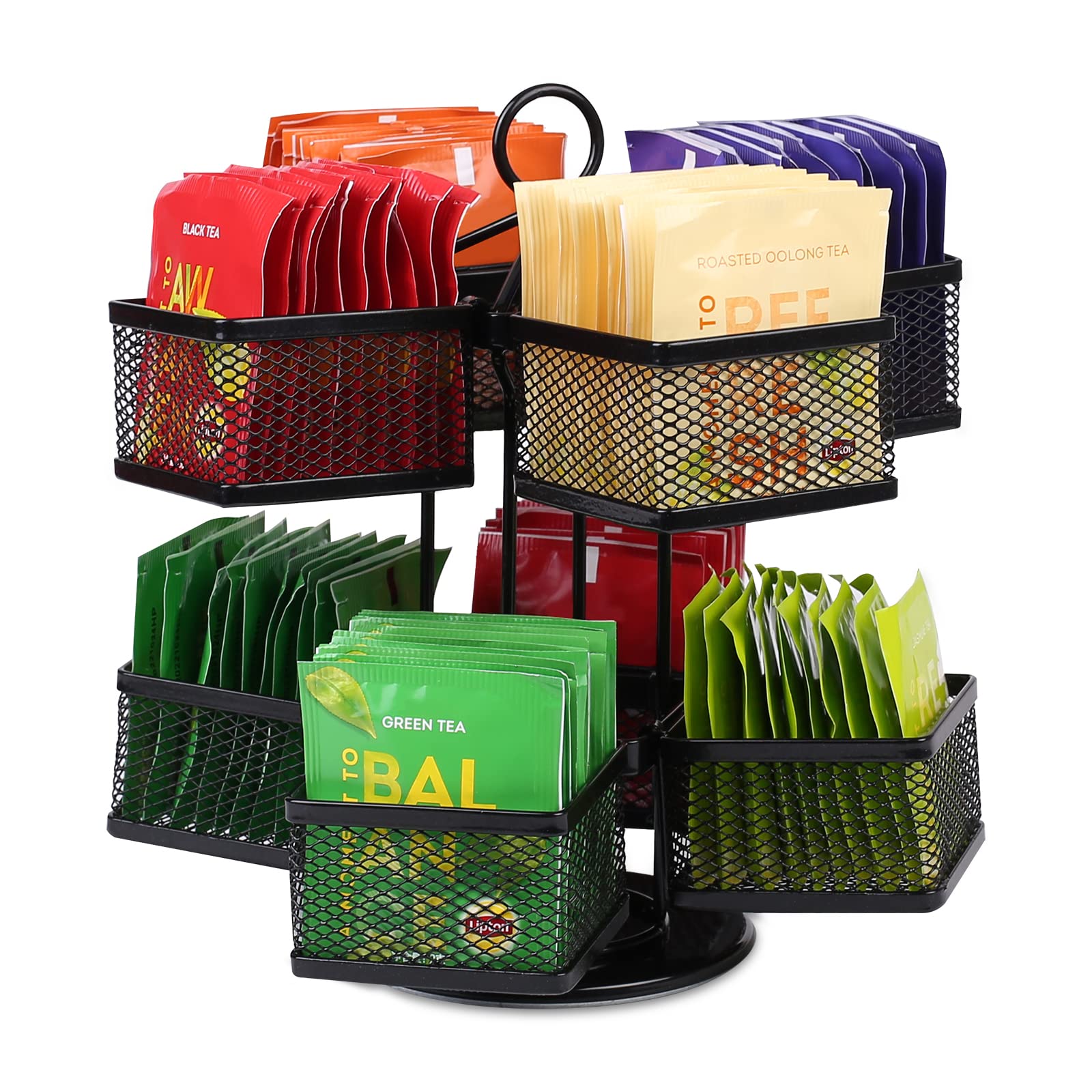 Yiomxhi Tea Bag Organizer, Tea Bag Storage Holder 360˚ Spinning Carousel with 8 Compartments, 2 Tier Lazy Susan Tea Caddy for Office Kitchen Counter Organizer, Black