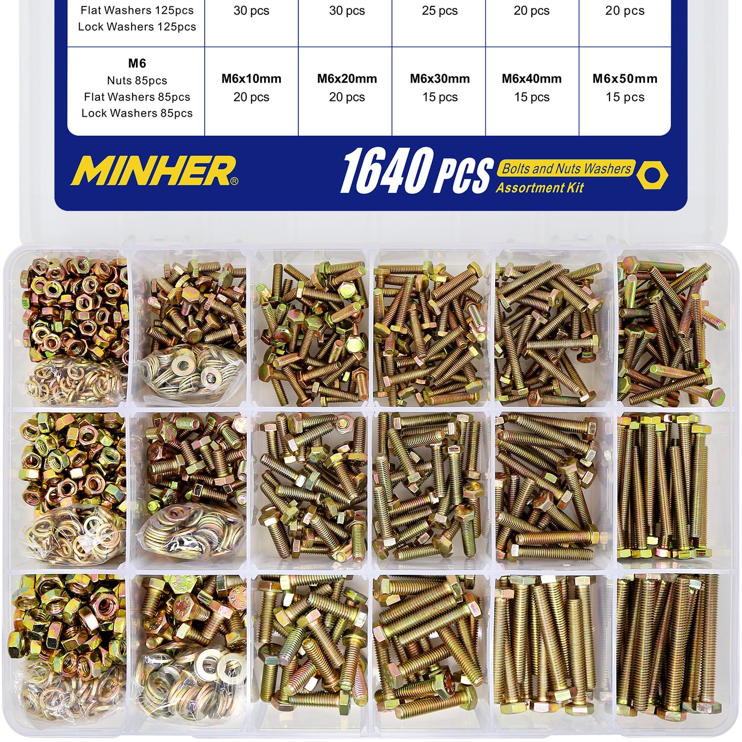 MINHER 1640PCS M4 M5 M6 Bolts and Nuts Assortment Kit Grade 8.8 Alloy Steel Hex Screws Nuts & Washers,Includes 15 regular sizes (Large box)