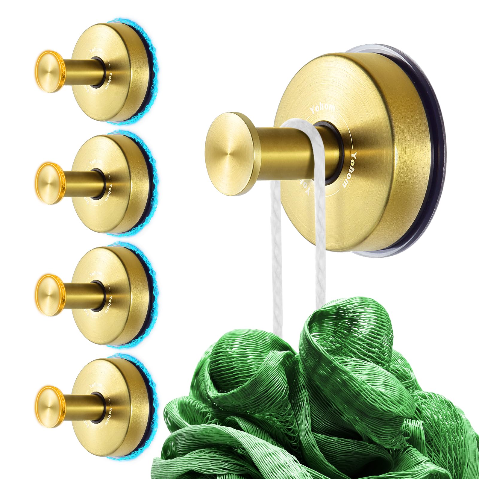 YOHOM Suction Hooks for Bathroom Vacuum Suction Cup Towel Hook Holder for Shower Wreaths on Glass Stainless Steel Gold 4Pcs
