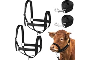 Windyun 2 Pieces Nylon Cow Halter with 2 Pieces Leading Rope Adjustable Foal Halter Horse Calf Harness for Donkey Cattle Goat