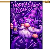 HOMETITUTE Happy New Year House Flag 28x40 Inch Double Sided Garden Flag Purple Gnome Clock and Champagne Design Winter Holiday Yard Banner Large Outdoor Polyester Flag for Porch Lawn Home Decoration