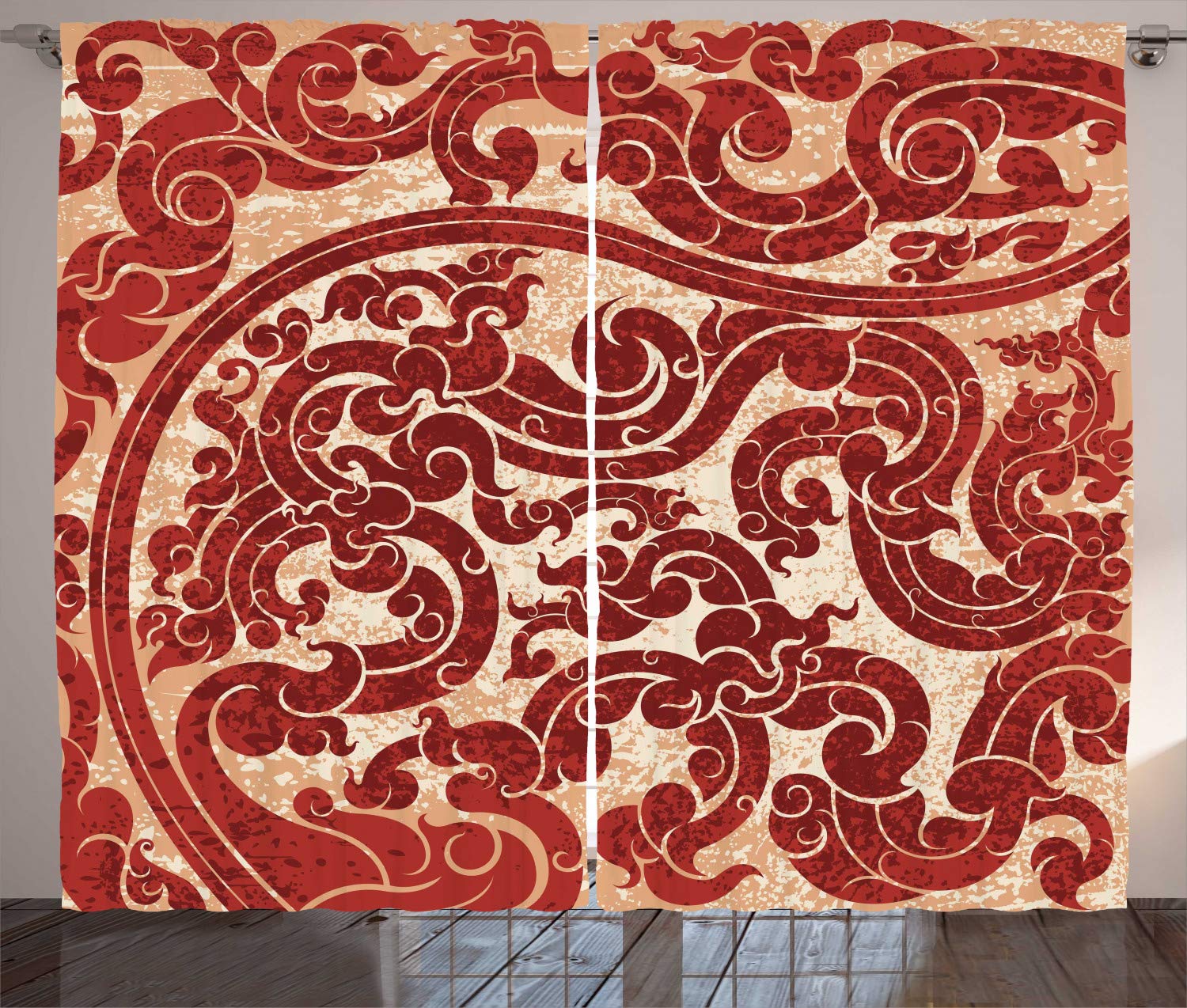 ABAKUHAUS Antique Curtains, Thai Culture Vector Abstract Background Flower Pattern Design Artwork Illustration Print, Living Room Bedroom Window Drapes 2 Panel Set, 280 x 225 cm, ruby