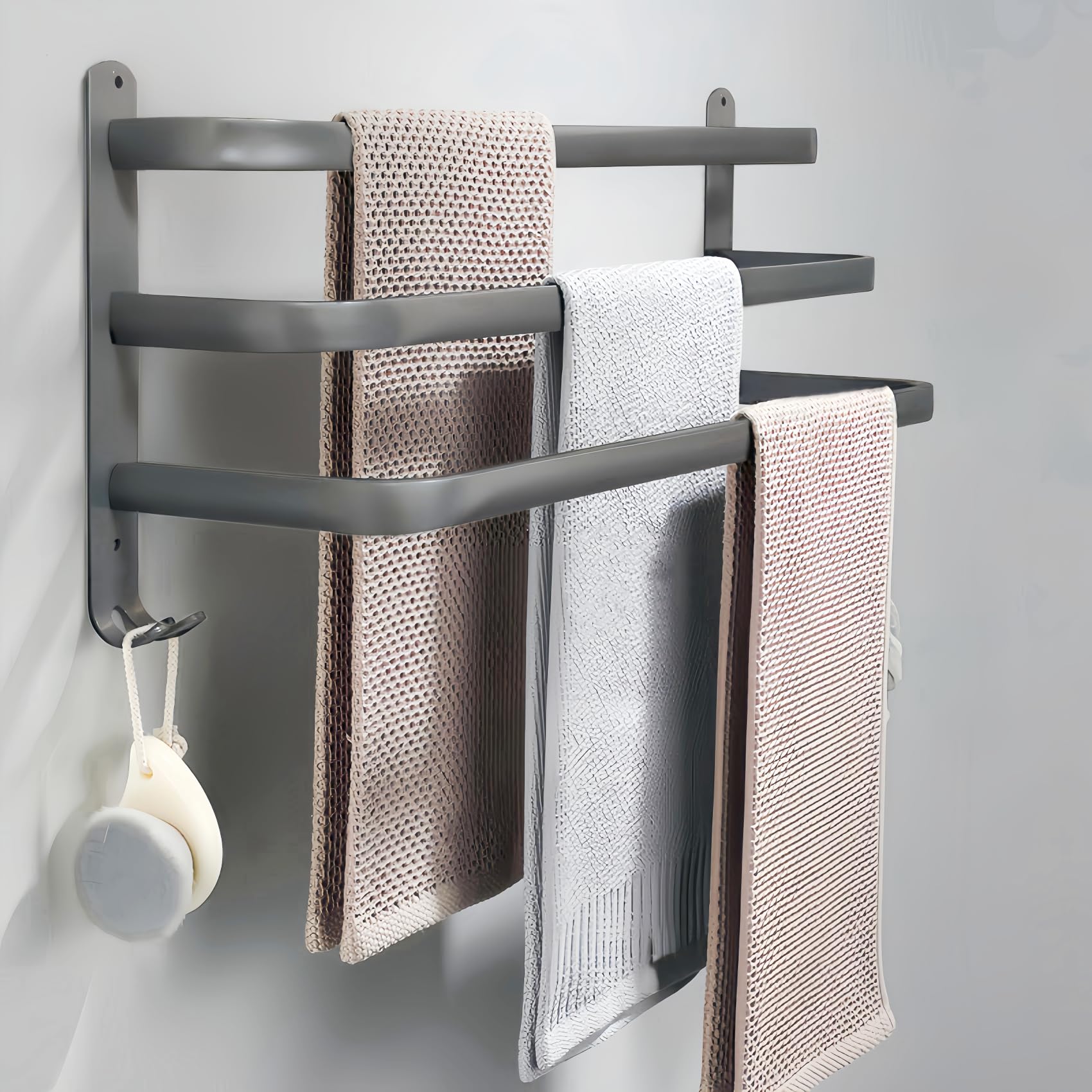 yozhch Grey Towel Rail with Hooks, 3-Tier Towel Rack Wall Mounted Bathroom Towel Holder, Nail-Free Adhesives/Drilling Installation, Aluminum