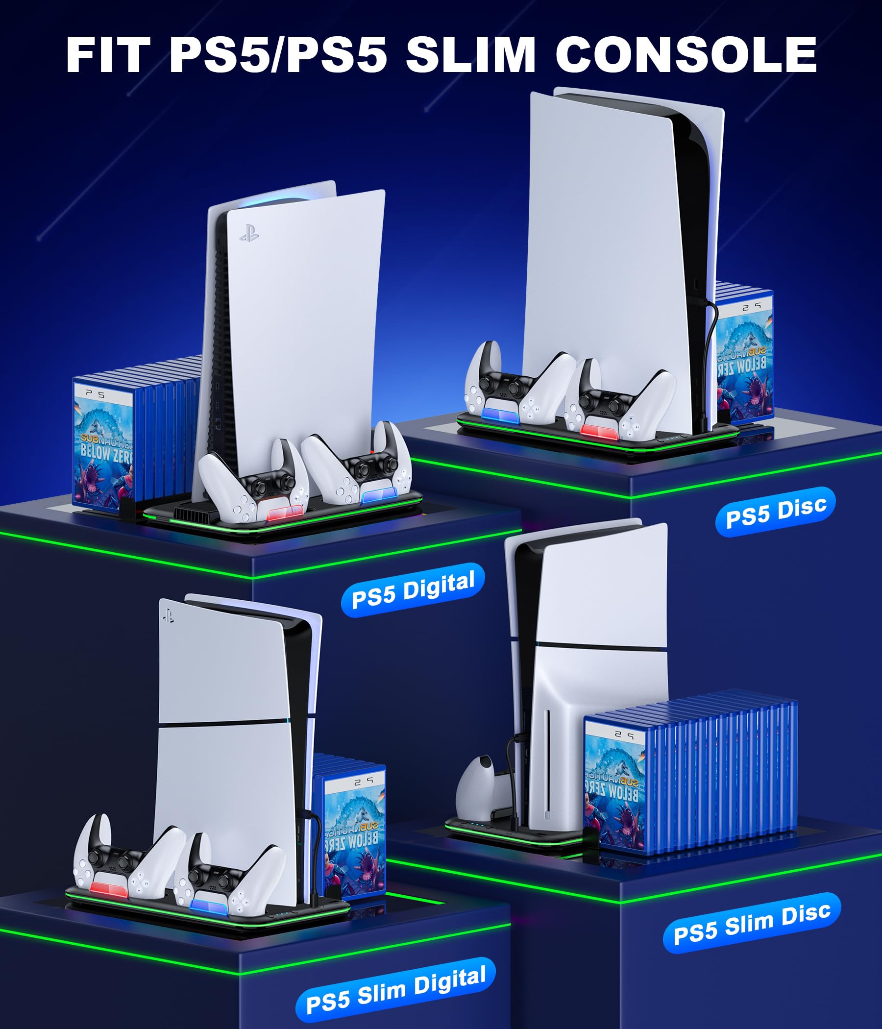 PS5/PS5 Slim Stand and Cooling Station with Controller Charging Station for Playsation 5, PS5 Accessories Kit Incl. 3 Levels Cooling Fan, LED, 15 Game Slot, Headset Holder for PS5 Digital/Disc Console