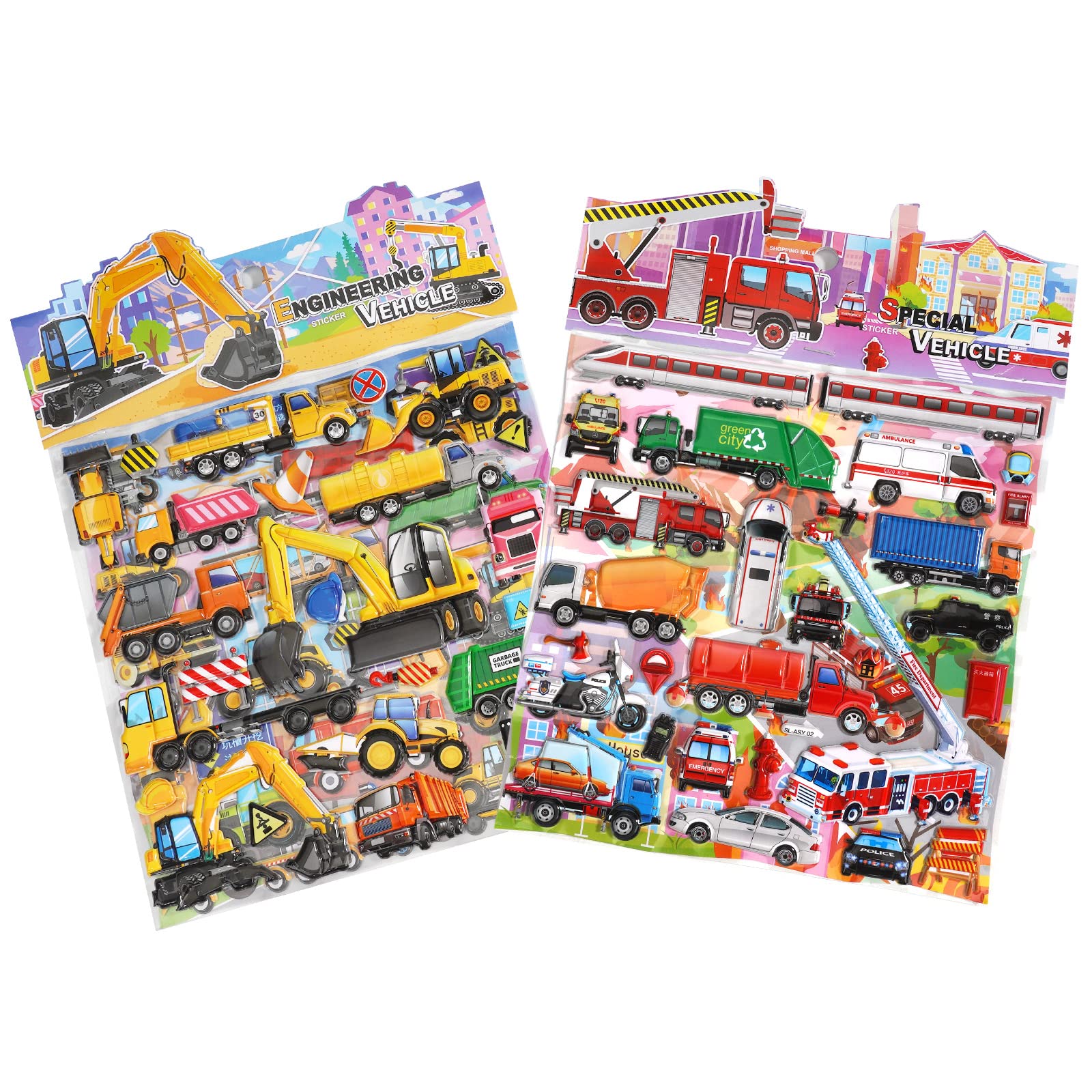 Large Puffy Stickers Playset:Construction and Vehicle for Toddlers Boys Kids Travel Airplane Activities Reusable 3D Sticker with Trucks Tractor Police Car Fire Truck Ambulance,Road Trip Toys.