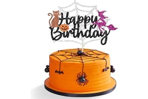 Gyufise 1Pcs Halloween Cake Topper Happy Birthday Sign with Bat Net Cake Decorations for Halloween Witch Cat Pumpkin Themed Birthday Party Supplies Decor