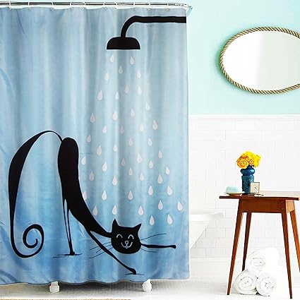 Lushomes Polyester Blend Digital Lazy Cat Design Shower Curtain with 12 Eyelets and 12 Hooks (Single pc, 71 x 78, 180 x 200 cms) - Multicolour