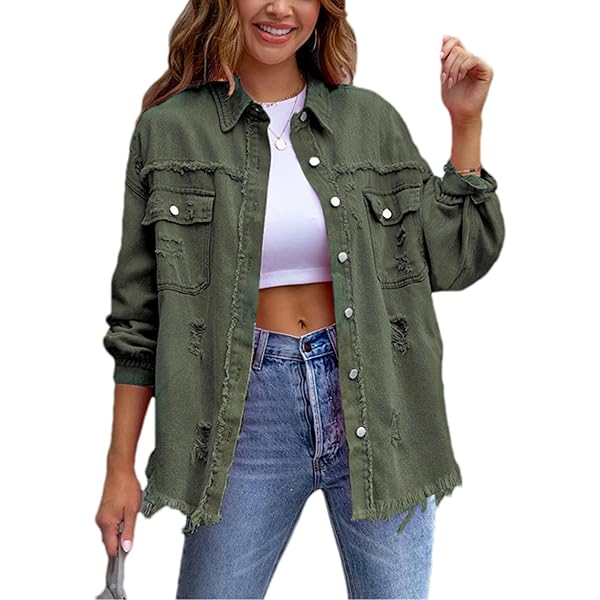 ZOCAVIA Womens Denim Jacket Ripped Distressed Army Green Denim