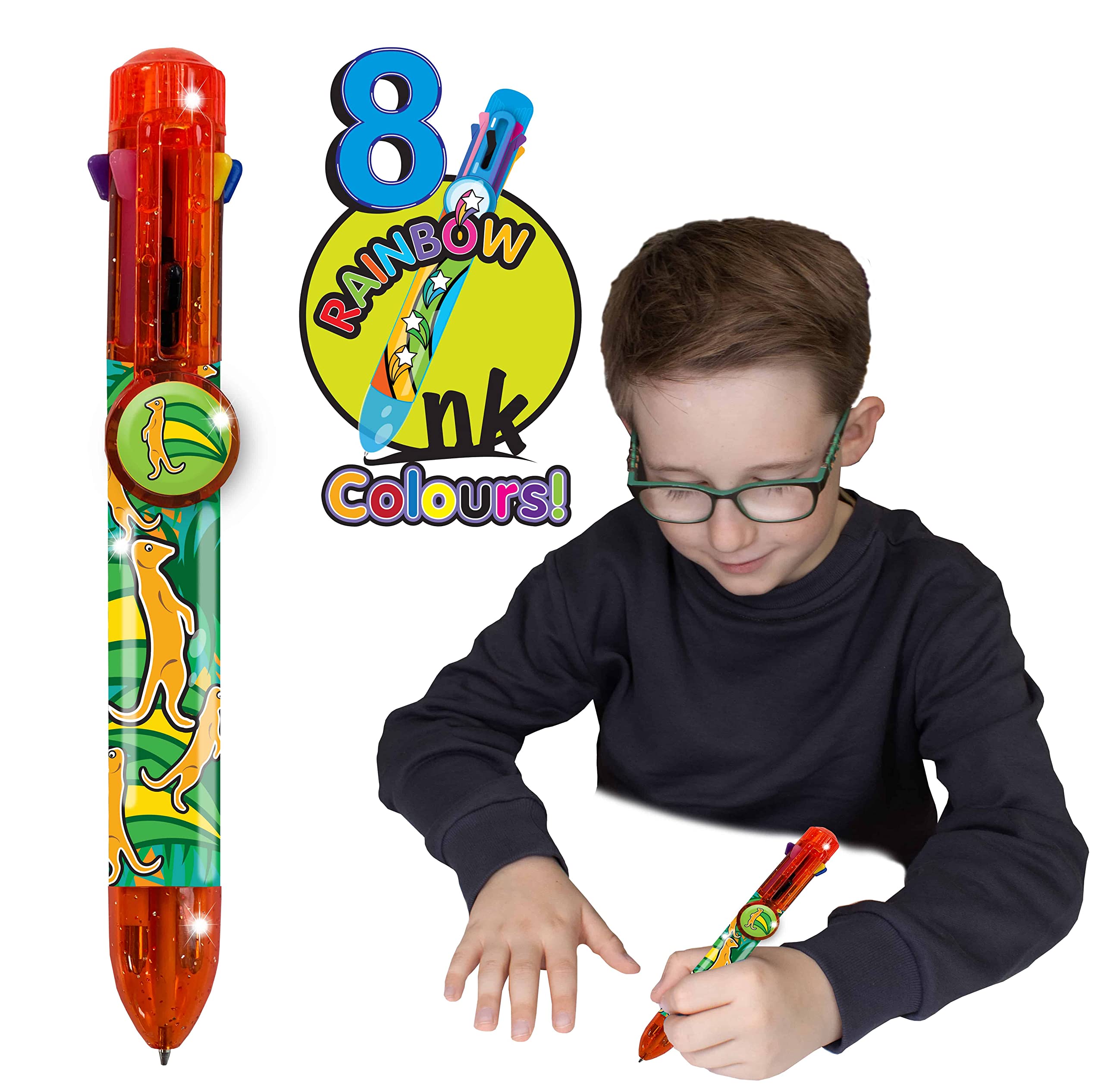 Rainbow Writer - Meerkat Pen by Deluxebase. 8-in-1 Multicolour Retractable Ballpoint Pen with a Red Glitter Barrel, Fun Novelty Kids Stationery, School Supplies or Party Bag Filler.