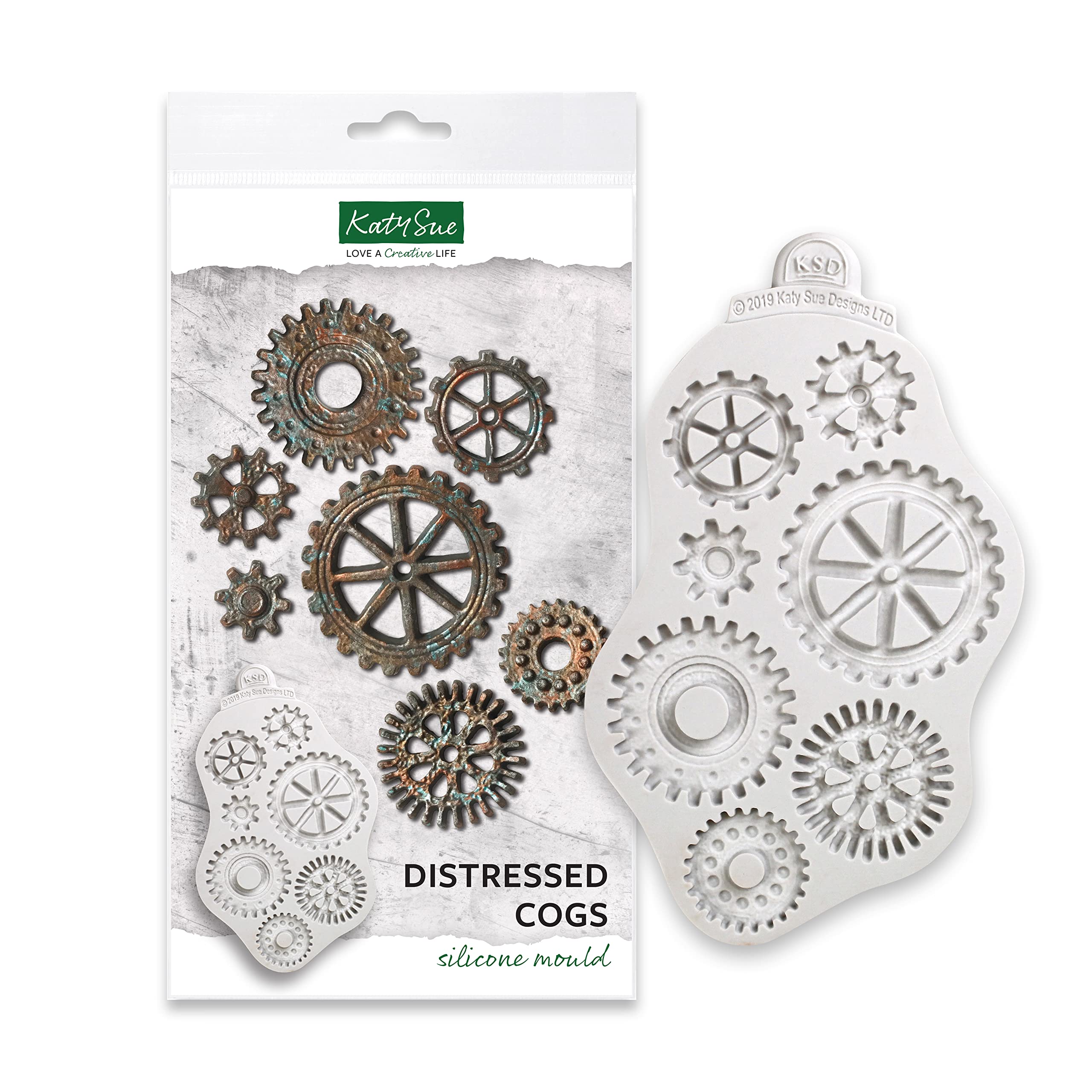 Katy Sue Distressed Cogs Silicone Mould for Cake Decorating & Crafts. Makes 7 Different Cogs, Wheels or Gears. Use with Fondant & Air Dry Clay for Steampunk, Industrial, Mechanical, Cycling-Themes