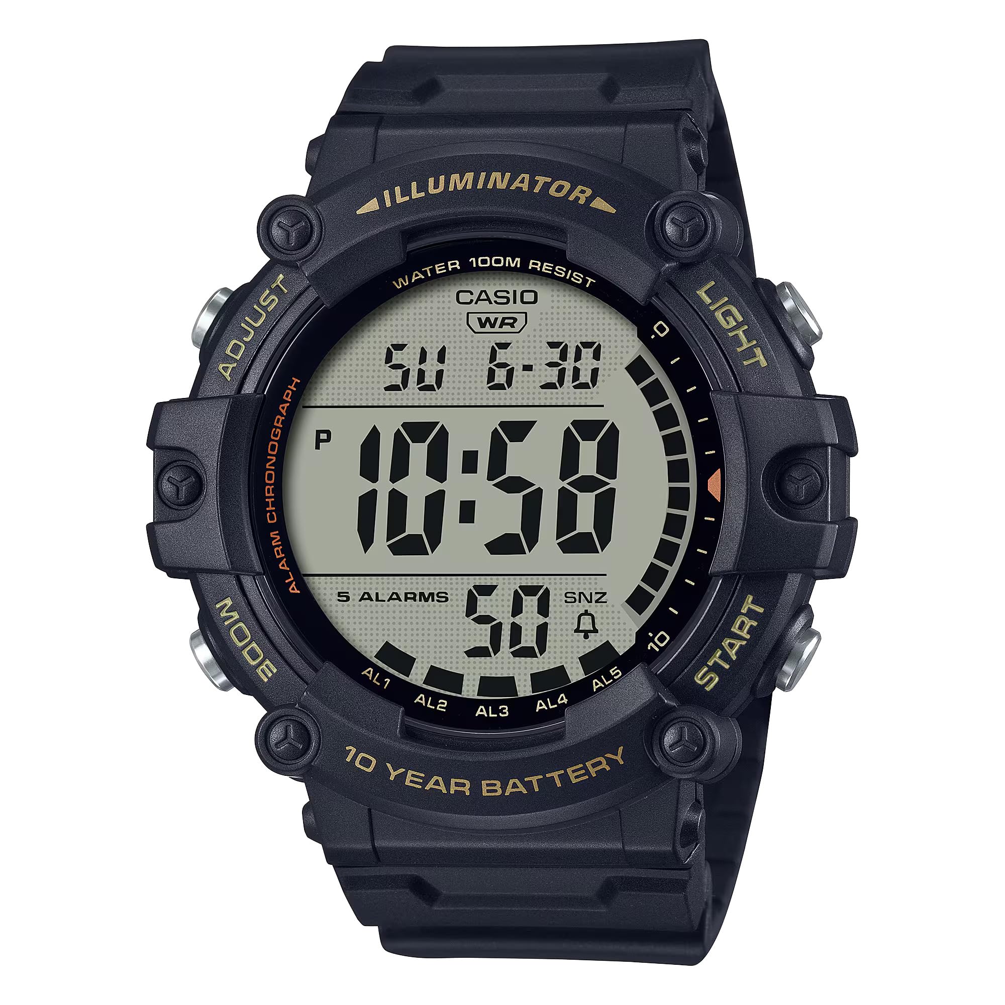 Casio Reloj deportivo digital AE-1500WH-1AV para hombre, pantalla extra grande, resistente al agua hasta 100 m, batería de 10 años, retroiluminación LED, hora dual, cronómetro, alarma, temporizador de cuenta regresiva, correa de resina negra