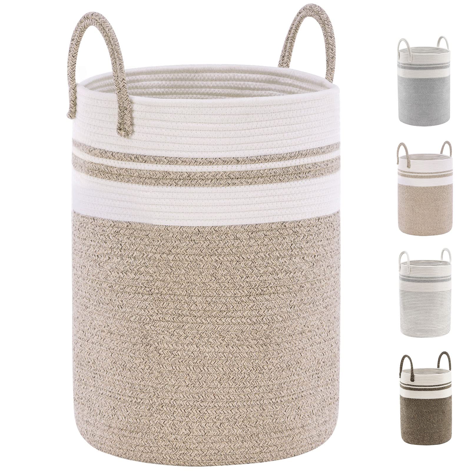 YOUDENOVA Cotton Rope Basket Large Blanket Basket Woven Storage Basket Toy Storage Organiser Nursery Decor Laundry Hamper with Handle 58L (38cm(D) x50cm(H), Z-brown)