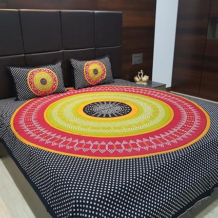 Jaipur Nagri 90 x 84 Inches 150 TC Cotton Double Bedsheet with 2 Pillow Covers & Jaipuri-Bed-Sheet - Abstract-Rangoli-Bandhej, Black