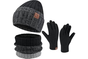 ZASFOU Mens Winter Knit Beanie Hat Touchscreen Gloves Neck Scarf Warmer Set, Warm Skull Cap with Fleece Lined Gifts for Men