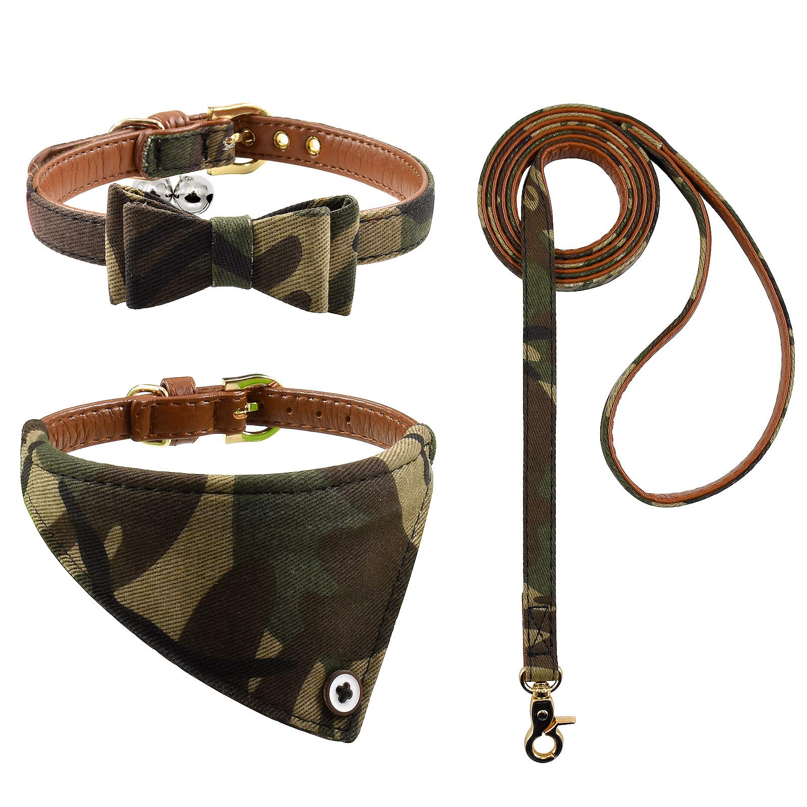 Photo 1 of 3PCS Bow Tie Dog Collar and Leash Set Plaid/Camo/Dots/Flower Dog Bandanas with Bell 3 Size Adjustable for Small Dogs Puppies and Cats (XS, Camo 1)