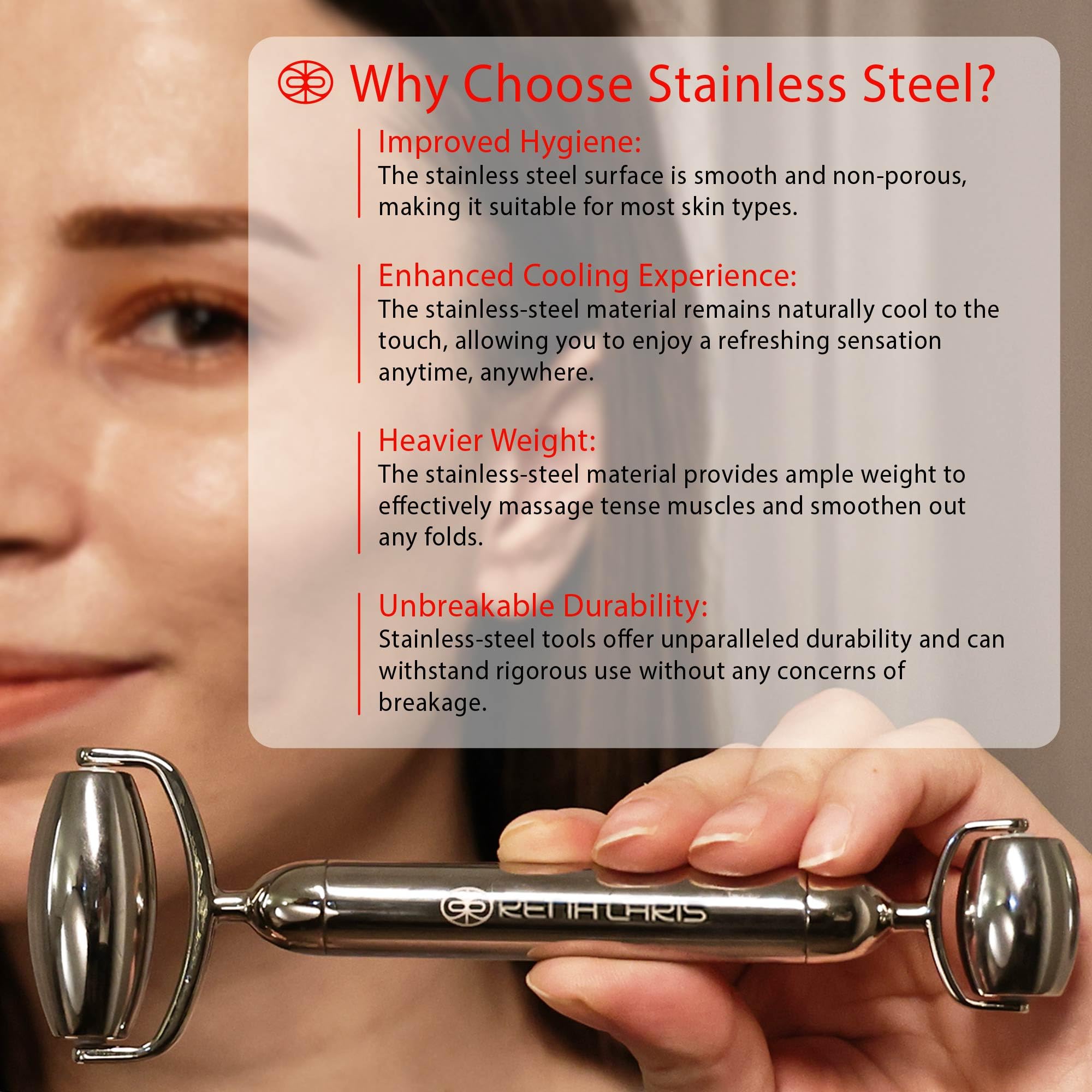 Rena Chris Gua Sha and Face Roller Set: Anti-Breakage Stainless Steel Roller for Long-Lasting Use, Jawline Sculpting and Puffiness Reducing, Gua Sha Facial Tools for Self Care Gift (Silver)