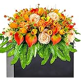 FLOWERIA Artificial Cemetery Flowers - Outdoor Grave Saddle for Headstone Decorations with Orange Roses Tulips