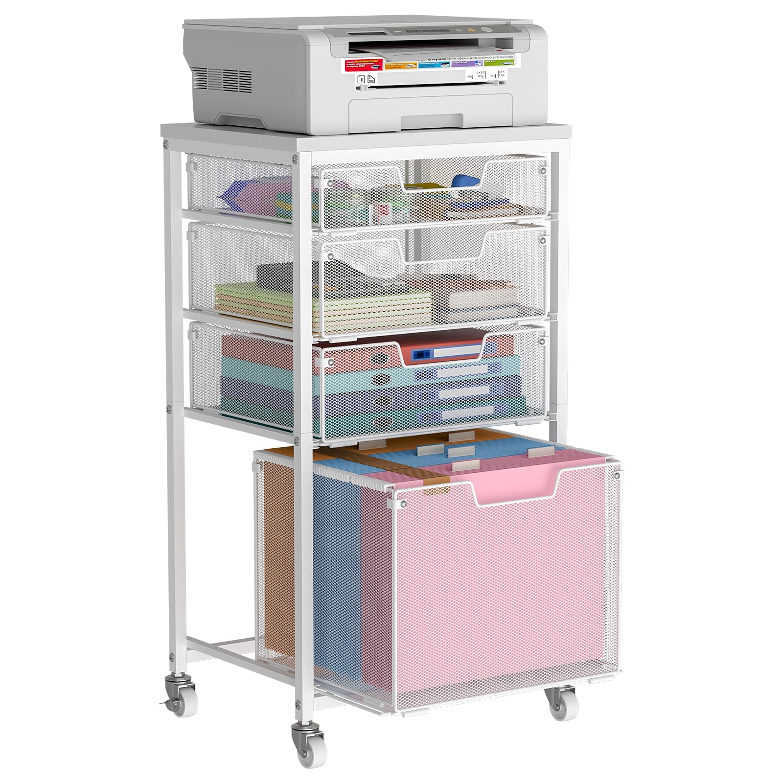 Photo 1 of Sbanmao 4 Drawer Rolling File Cart with Wheels, Mobile Filing Cabinet for Home Office, Hanging File Organizer, Under Desk Storage, Multifunctional Utility Cart Printer Stand, White (Patent Pending)