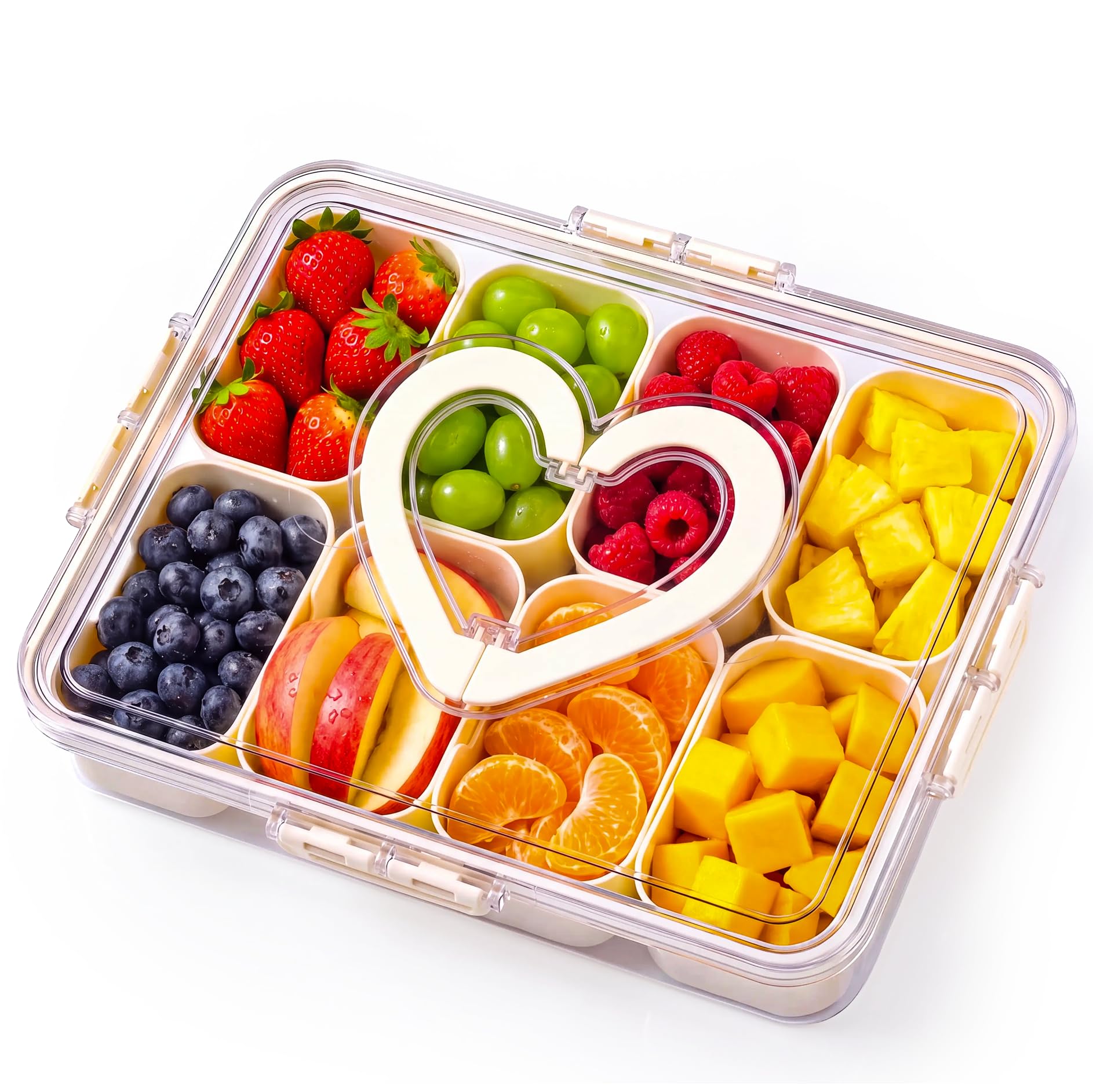 eight-compartment snackle box with leakproof lid, handle, and removable cups