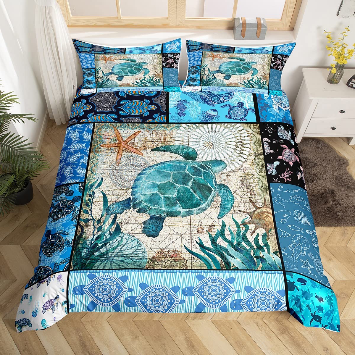 Loussiesd Sea Turtle Bedding Set Blue Boho Tortoise Comforter Cover Set for Kids Women Men Ocean Marine Turtle Duvet Cover Teal Bohemian Bedspread Cover 3Pcs King Size
