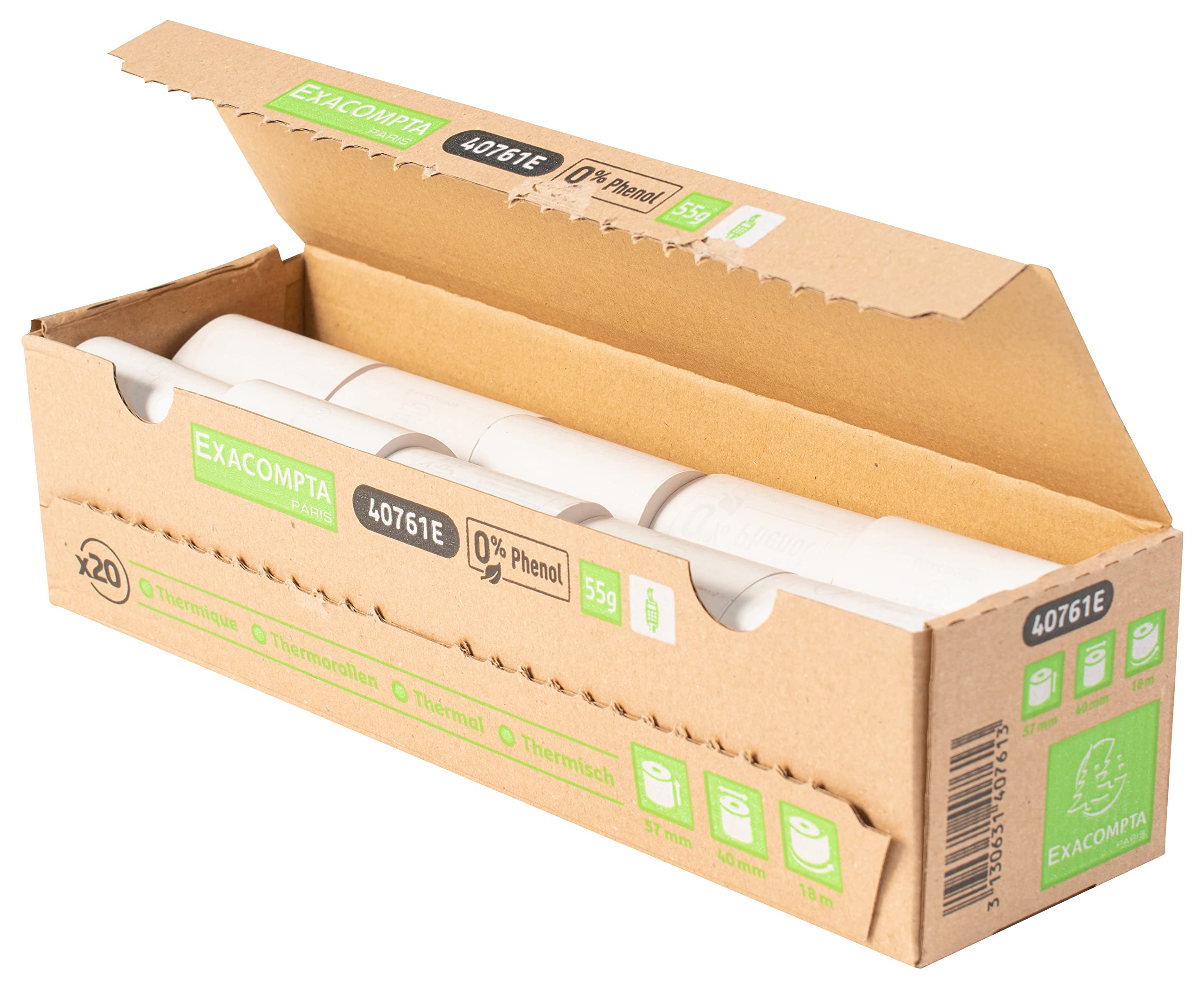 Exacompta - Ref. 40761E - Box of 20 thermal rolls for credit card 57 x 40 mm, 1 thermal ply 55g/m² Phenol-free, without cardboard core, zero plastic waste - Length +/-2m: 18 m, white