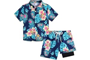 UNICOMIDEA Boys Hawaiian Outfits Tropical Print Button Down Shirt + Swim Trunks 2 Piece Sets for 5-12T Kids