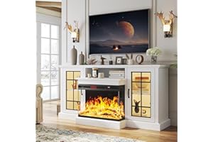 oneinmil 59'' Fireplace TV Stand, 3 Sided Glass Media Entertainment Center Console Table for TVs up to 65'' with Glass Door Adjustable Flame LED Color for Living Room, Set of TV Table, White