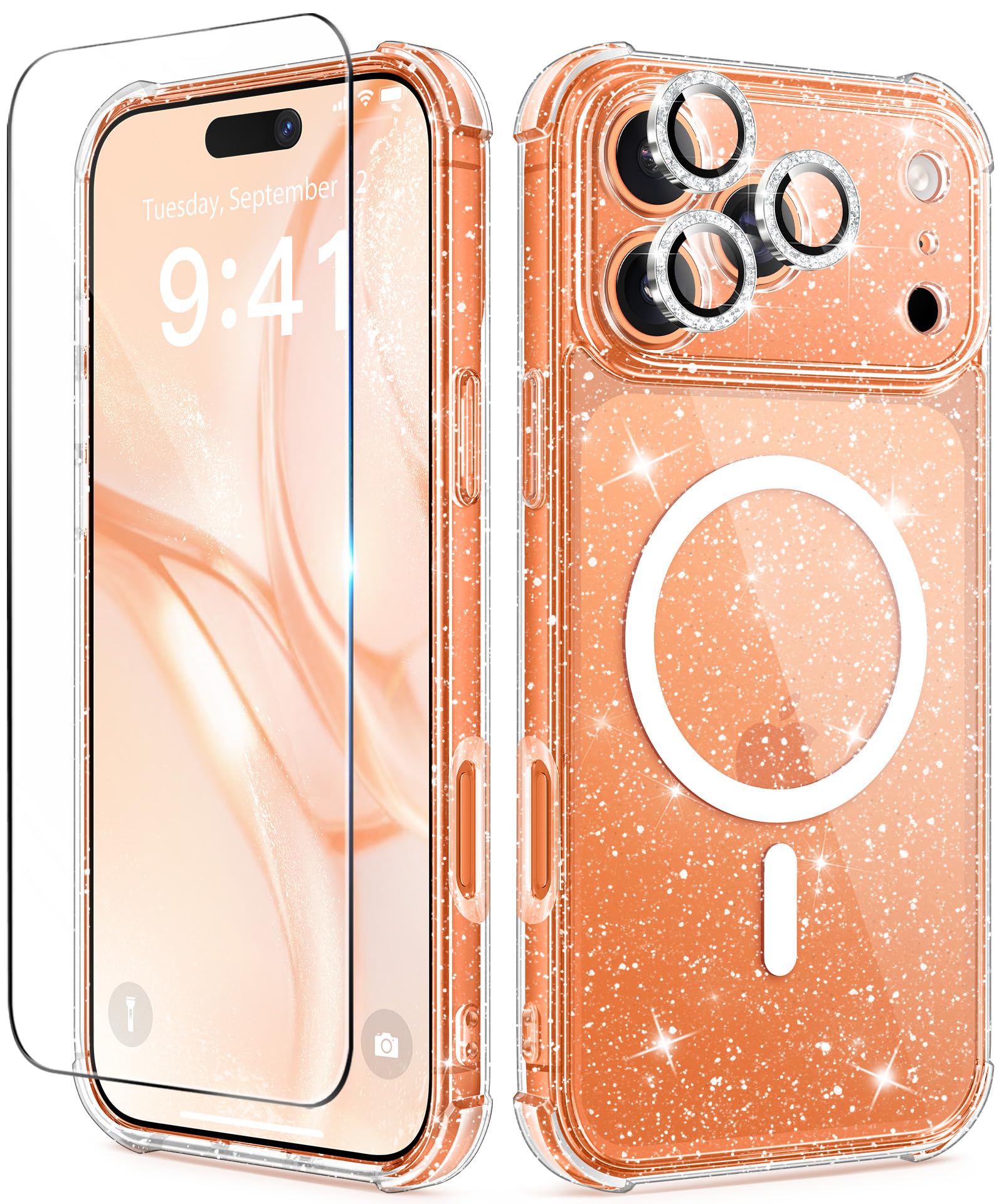 BERFY for iPhone 17 Pro Case for Women, Compatible with MagSafe, Clear Glitter Shockproof Protective Case, Anti-Yellowing, with Screen Protector & 3 Diamond Camera Lens Covers 6.3", Sparkle Clear