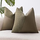 SINYASAN Boucle Throw Pillow Covers 20"x20" Set of 2, Moss Green Decorative Textured Cushion Covers with Faux Leather Patchwork, Boho Farmhouse Accent Pillowcases for Organic Aesthetic Home Decor