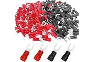 Teansic 200 Pcs 16-14 AWG #8 Black & Red Insulated Fork Spade Wire Connector U Type Electrical Crimp Terminals (100 Pcs Red +100 Pcs Black)