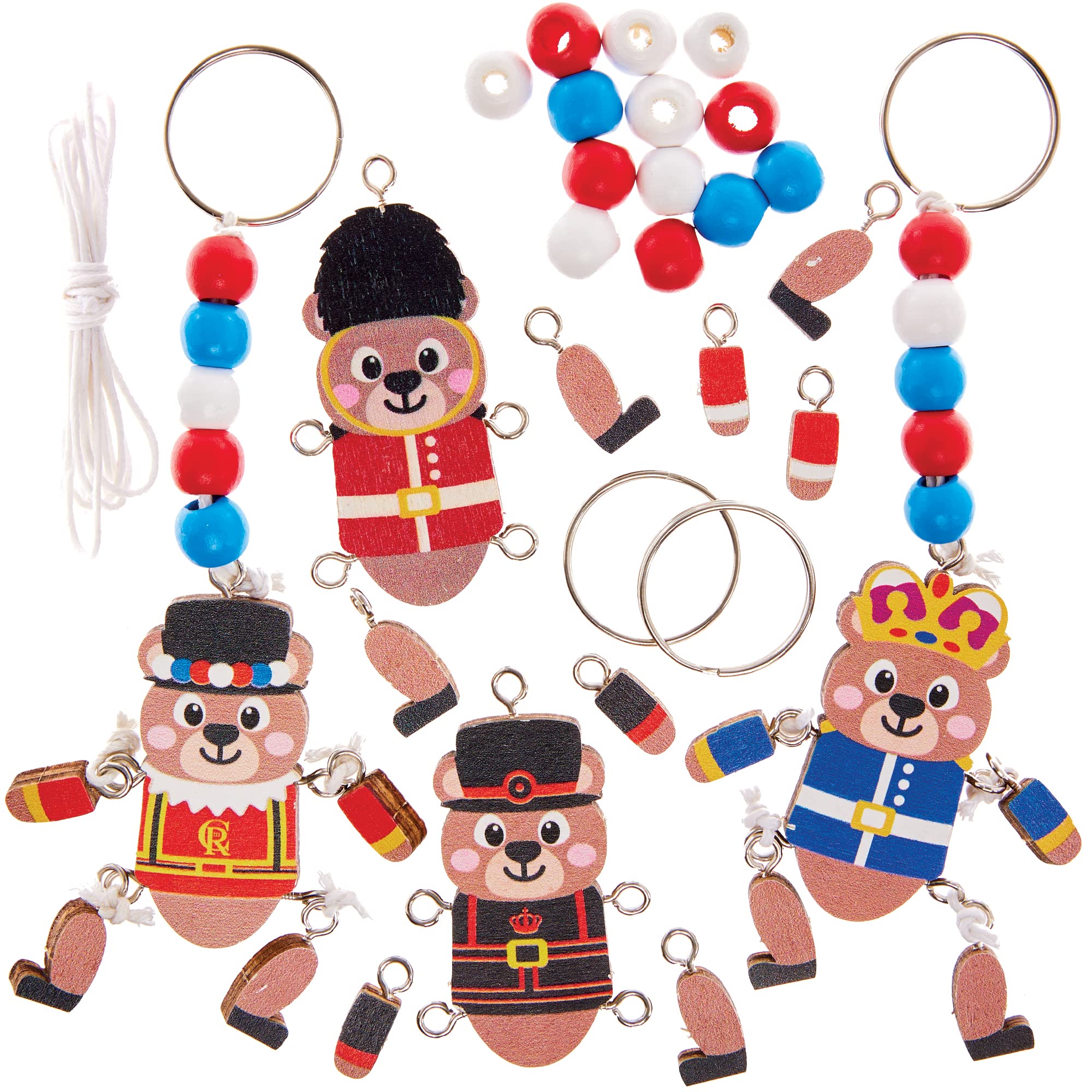 Baker Ross CN136 Royal Teddy Bear Bag Dangler and Keyring Kits - Pack of 4, British Royalty Craft Activity for Kids and Accessory, Blue,Red,White