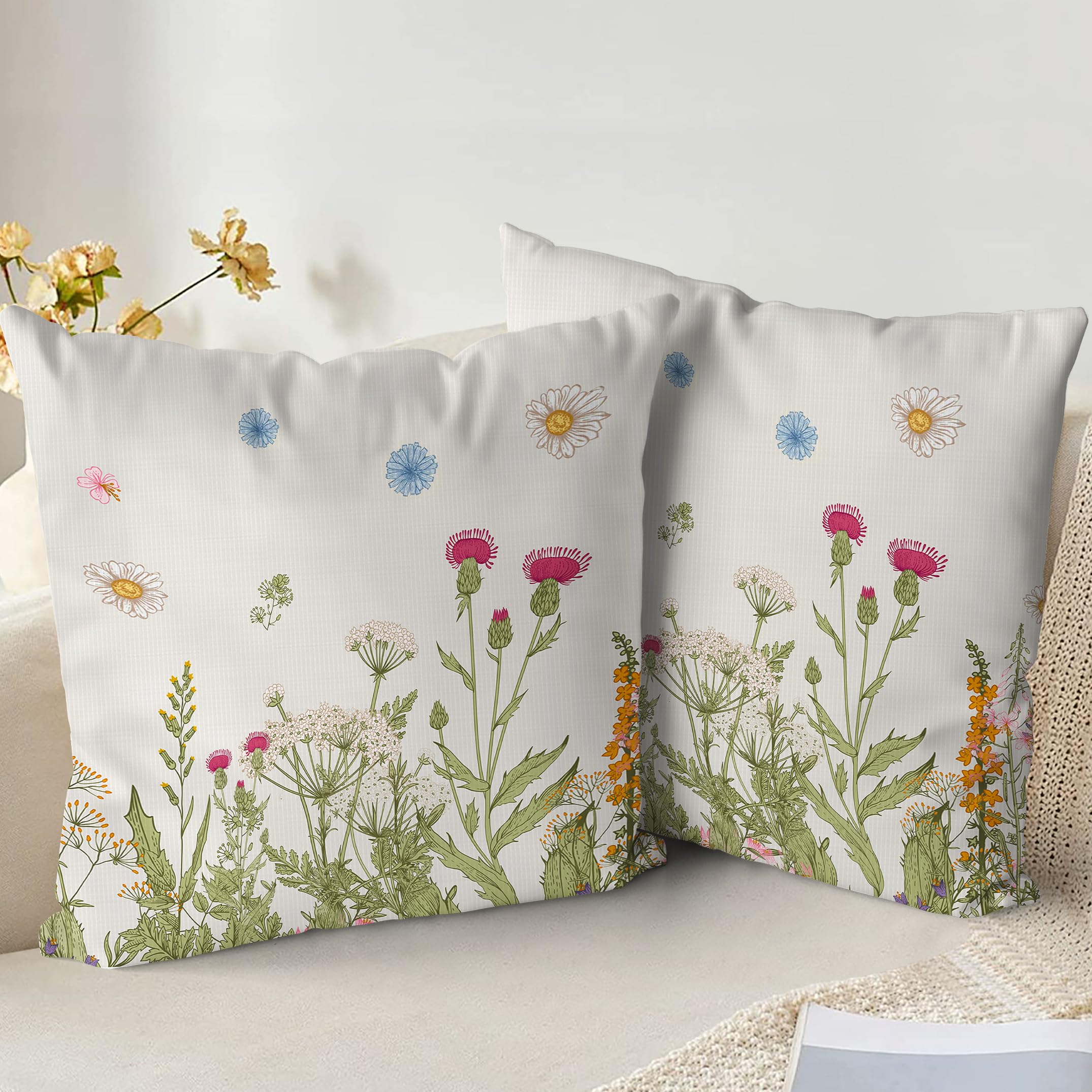 XPHZZL Cushion Covers Set of 2 Pack 65 x 65 cm - Soft Colored Wildflowers Pattern Decorative Pillow Covers for Sofa Bed Garden Outdoor Spring Decor with Invisible Zipper 26 x 26 Inch