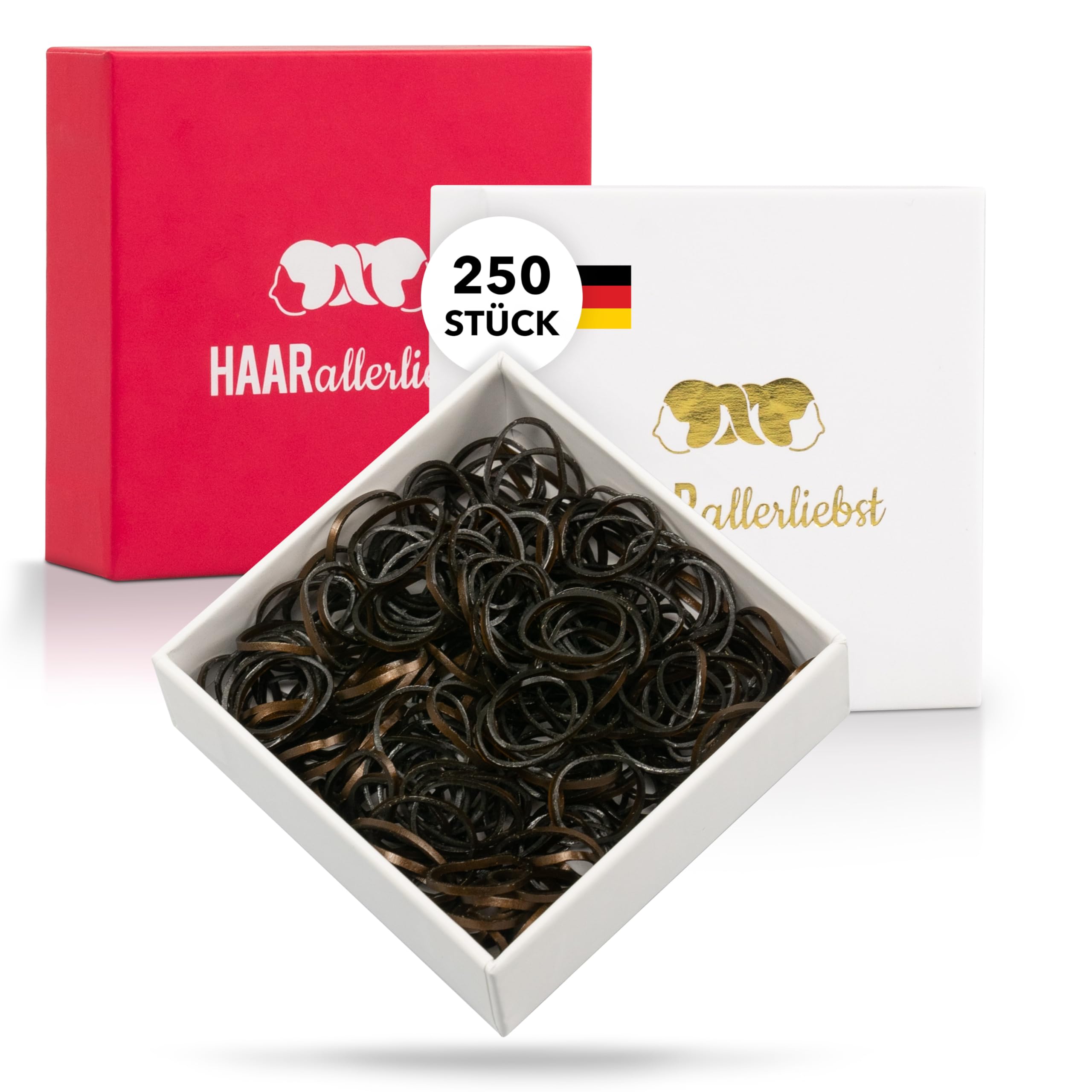 HAARallerliebst Small Hair Bobbles - 250 Mini Hair Bobbles (Brown, Gold Edge 1 cm) - Thin Rubber Bands for Hair and Beard - Small Hair Bobbles with Box