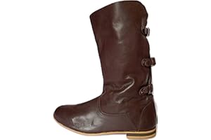 AnNafi Medieval Brown Leather Boots 3 Buckle | Renaissance Inspired Loafer Boot | Halloween Caribbean Pirate Costume Boots | Re-Enactment Viking Mens Shoes| SCA LARP Riding Costume Boot for Cosplay | Long Boots
