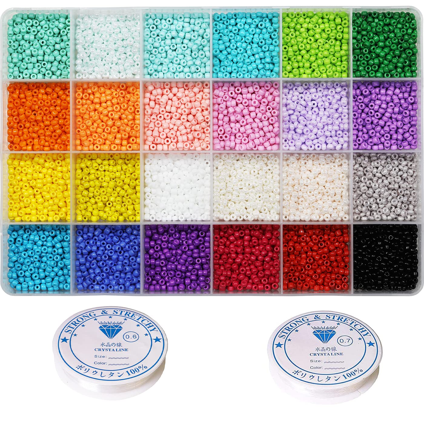VOOMOLOVE 8/0 3mm Glass Seed Beads - 7200pcs, 24 Colors Loose Craft Beads Kit with 24-Grid Plastic Storage Box for Jewelry Making