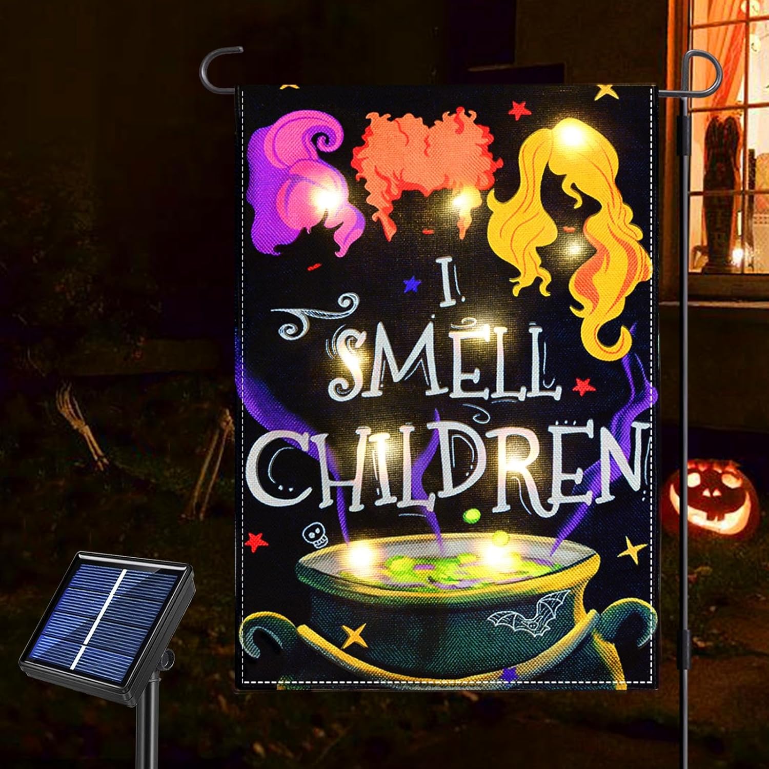 Flags - Upgraded Solar LED Lighted Halloween Garden Flag for Outdoor Halloween Decorations, Double Sided Halloween Hocus Pocus Witches Garden Flag Sanderson Sisters for Yard Garden Lawn Decor (12x18 Inch)