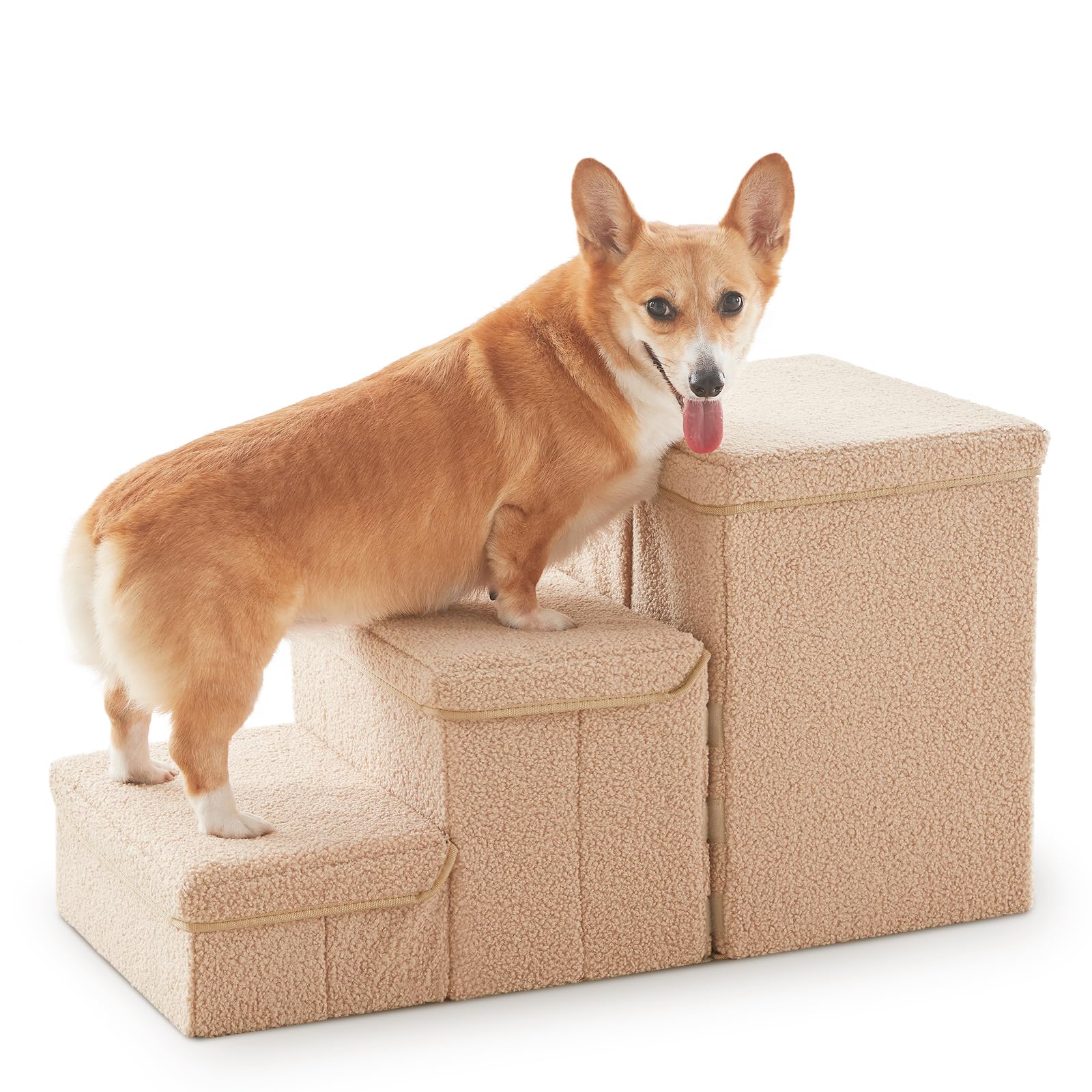 Photo 1 of Dog Stairs with Storage, 3-Step Sturdy Dog Steps for Small Medium or Large Older Dogs Cats, Folding Pet Stairs Climbing Sofas, high beds, Windows and Cars (Beige, No Condo,16.7" H)