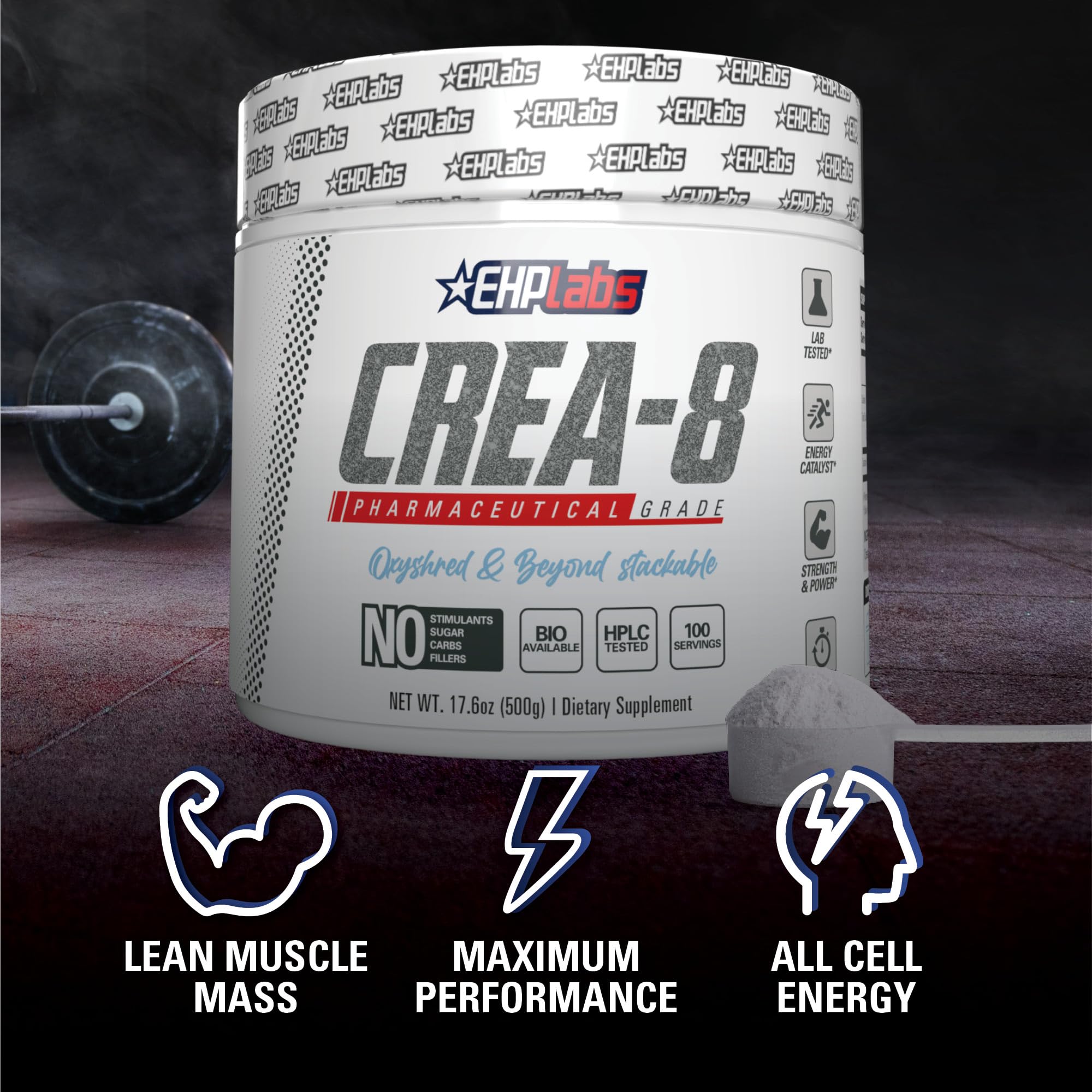 EHP Labs CREA-8 Creatine Monohydrate Powder - Unflavored Creatine Powder for Muscle Growth, Increased Strength, Enhanced Energy Output and Improved Performance - 100 Servings (500g)