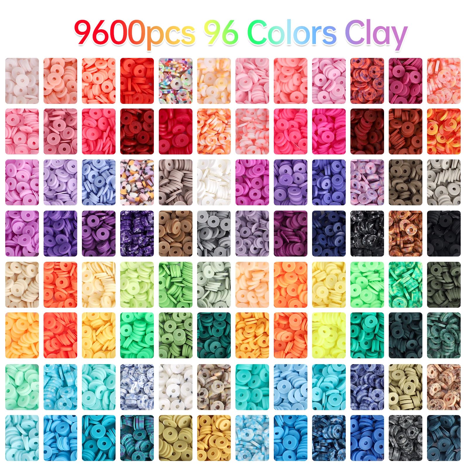 QUEFE 9600pcs Clay Beads for Bracelet Making Kit, 96 Colors Polymer Heishi Beads with Letter Beads Preppy Beads for Jewelry Necklace Making, Craft Gifts