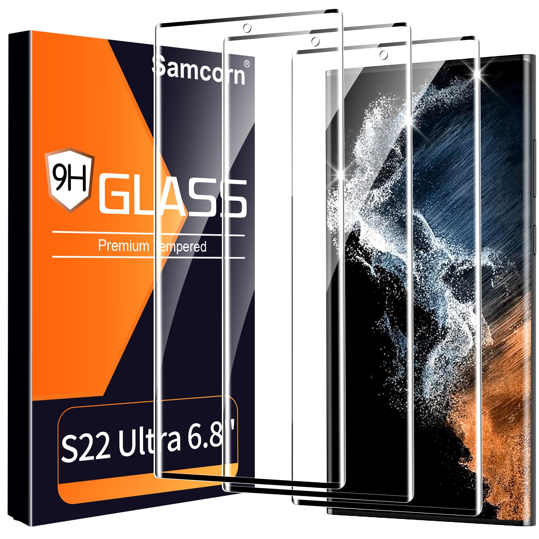 Photo 1 of 3 Pack HD Clear Tempered Glass Screen Protector for Samsung Galaxy S22 Ultra 5G, Fingerprint Unlock, 3D Curved, Scratch Resistant, Bubble-Free