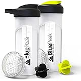 BluePeak Protein Shaker Bottle 28-Ounce, 2-Pack, with Dual Mixing Technology. BPA Free, Shaker Balls & Mixing Grids Included (Yellow-Black)