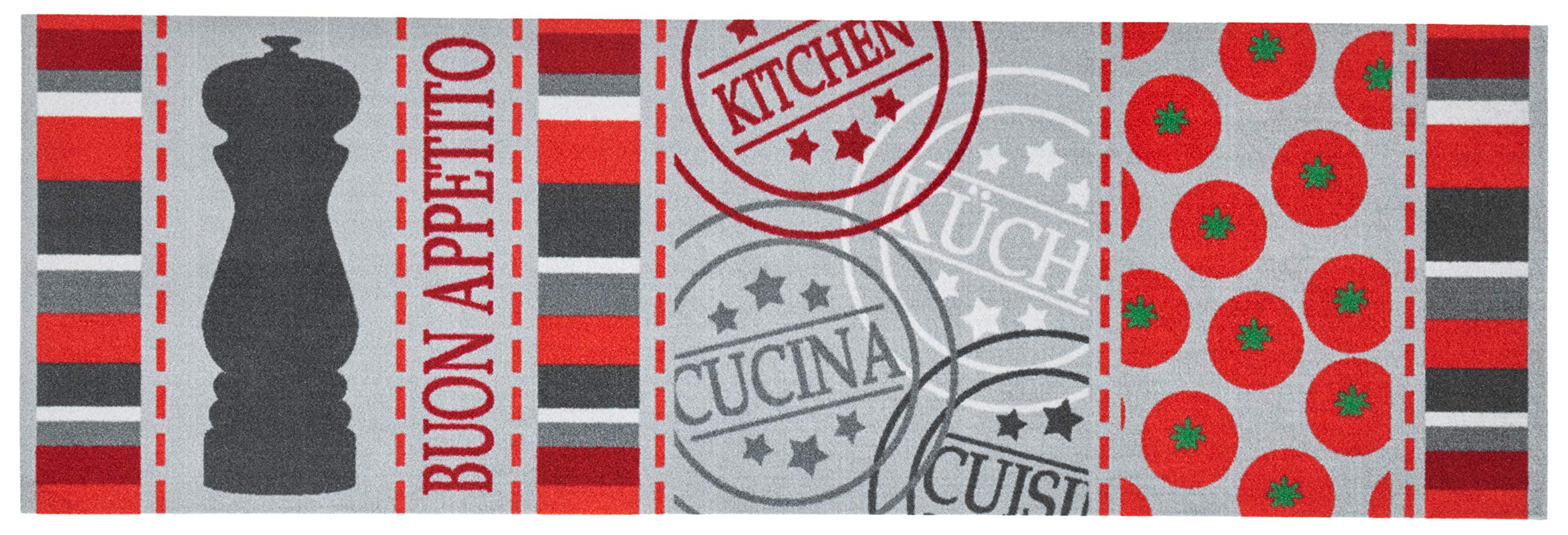 Zala Living Cook & Clean Runner - Non-Slip Rug Runner Flat Weave Short Pile Rug Kitchen Rug Washable Kitchen Runner Buon Appetito for Hallway, Kitchen, Living Room - Grey Red, 50 x 150 cm