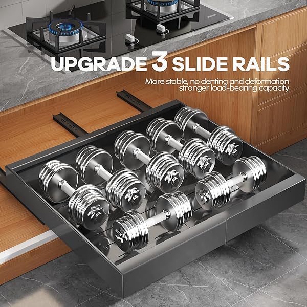 SEINLOES 4 PACK EXPANDABLE WIDTH (15.15″-26.3″) PULL OUT CABINET ORGANIZER 21″ DEEP WITH RAISING PAD FOR FRAMED CABINETS, UPGRADE 3 SLIDE RAILS SLIDE OUT DRAWERS, ROLL OUT SHELVES ADHESIVE, BLACK