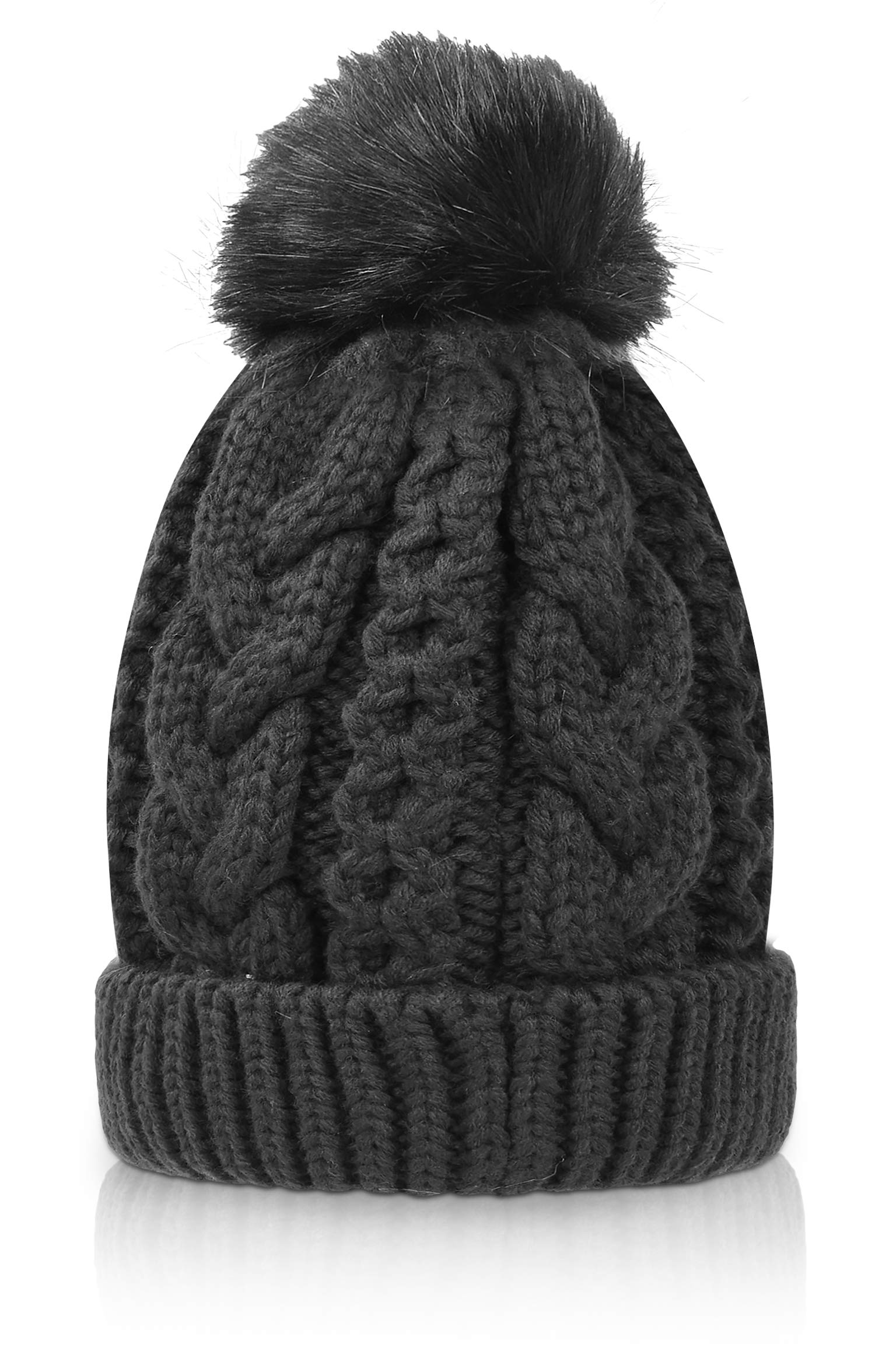 Winter Thick Cable Knit Faux Fuzzy Fur Pom Pom Fleece Lined Skull Ski Cap Cuff Beanie