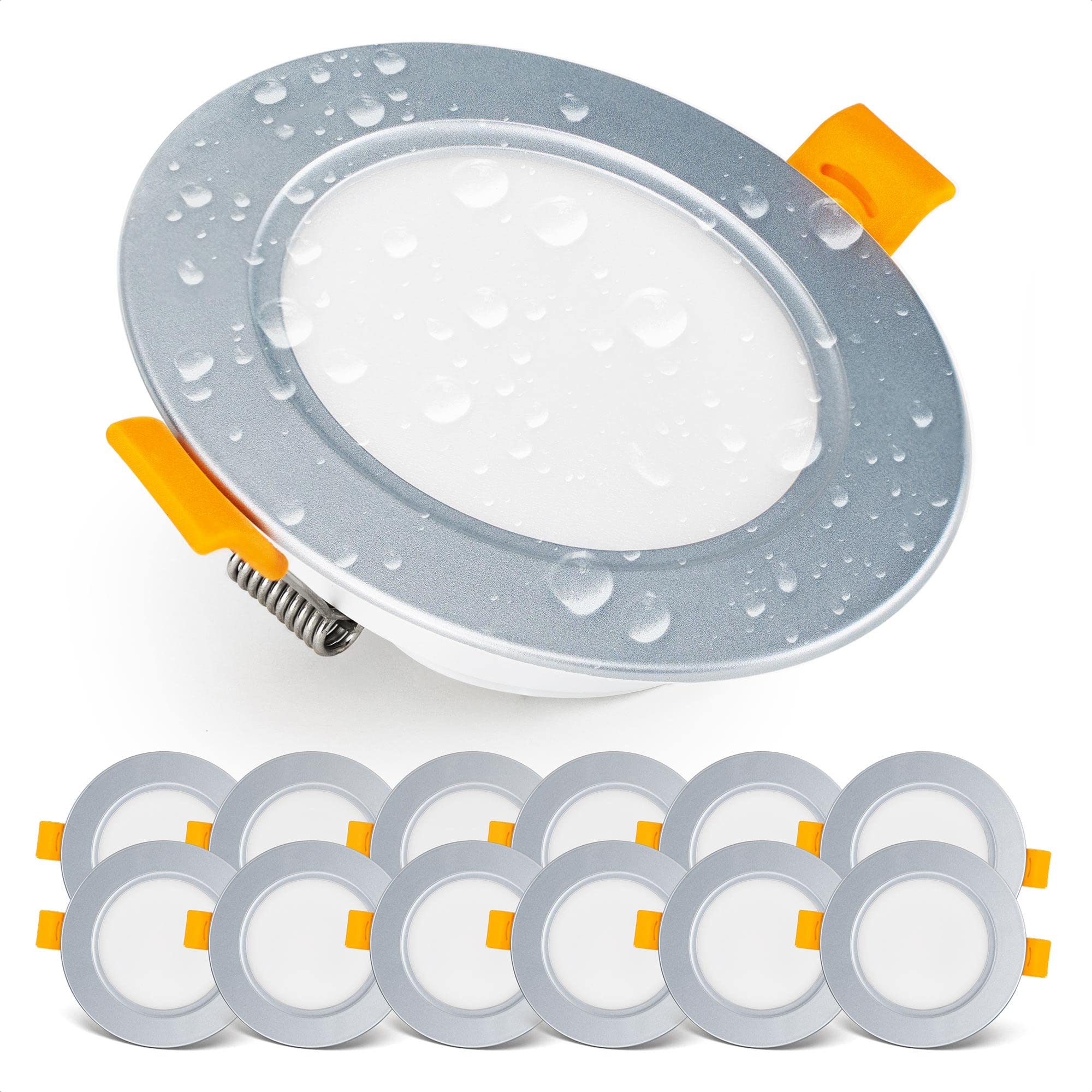 EMOS LED Downlights for Ceiling, 5W/500 Lumens, Warm White 3000K | IP54 Waterproof LED Spot Lights for Bathroom etc. | Set of 12 Recessed LED Ceiling Light, Silver