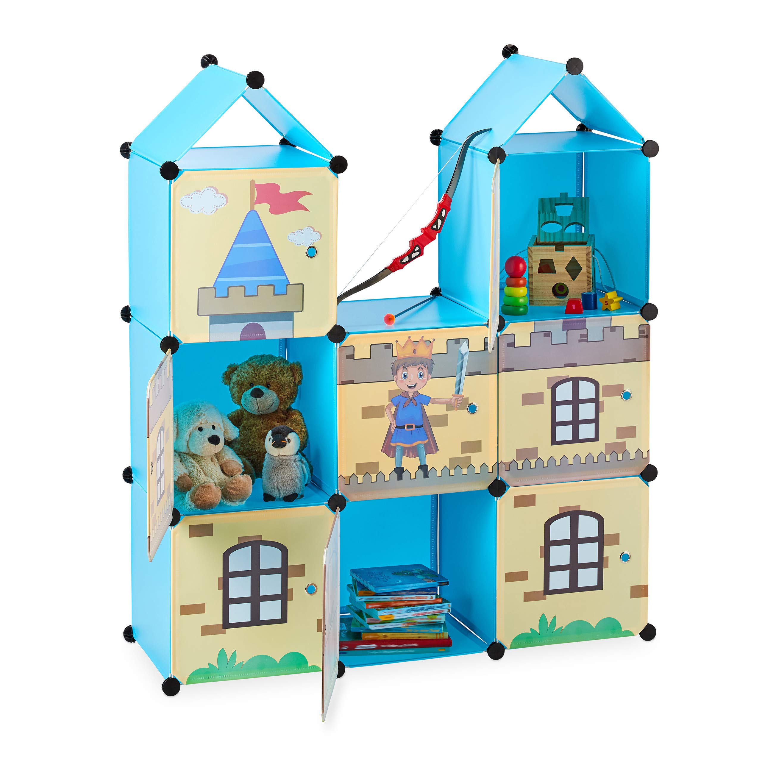 Relaxdays Modular Nursery Shelf, Cool Castle, Plastic, Kids’ Shelving Unit with Doors, HWD: 128 x 110 x 37 cm, Colourful