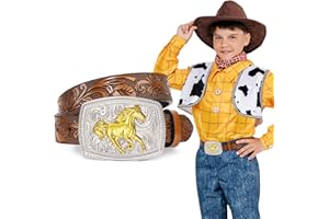JKEEMI Boys Girls Western Belt with 2.4" Width Longhorn Bull Horse Buckle, Kids Cowboy Cowgirl Genuine Leather Belt