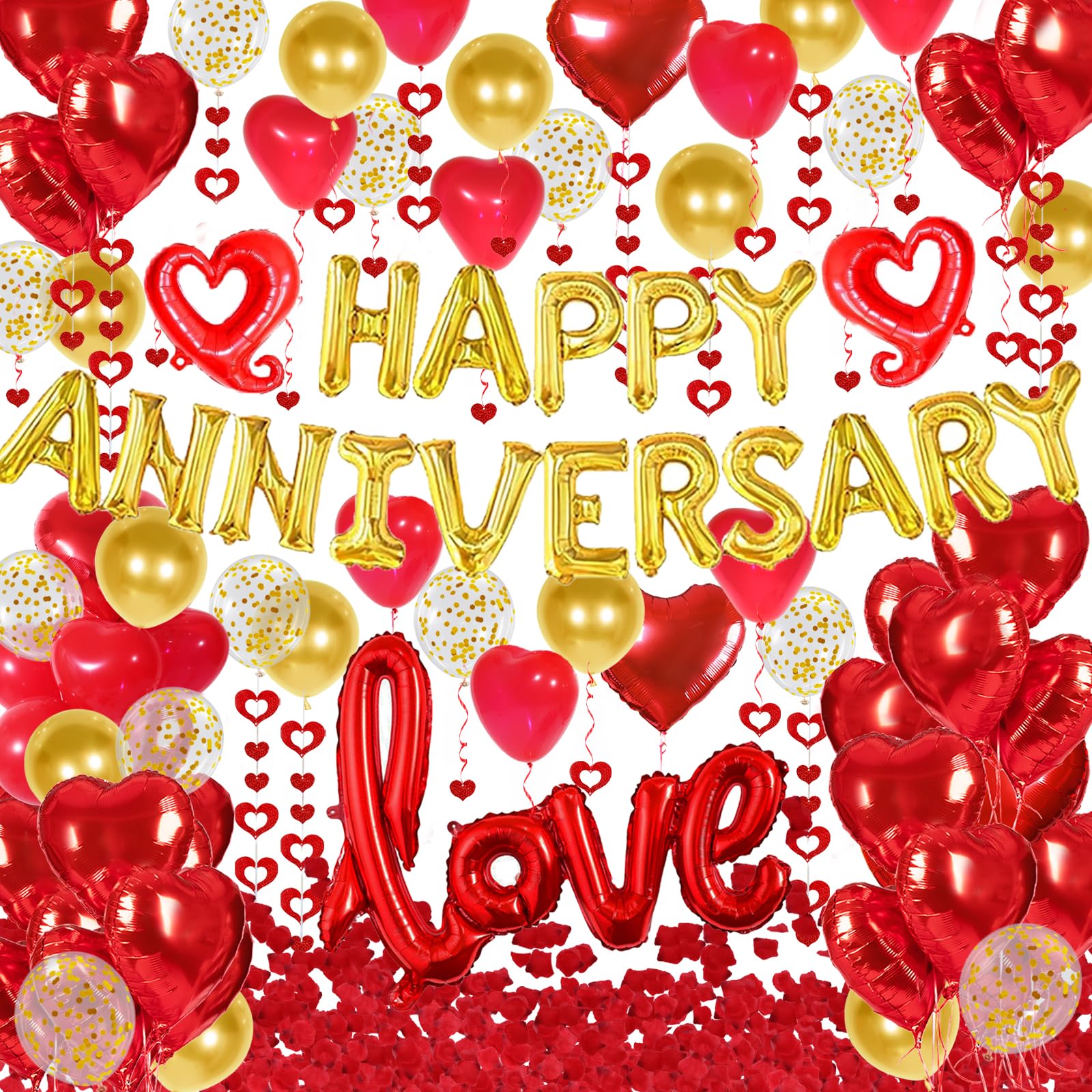 Photo 1 of Happy Anniversary Decorations with Gold Happy Anniversary Banner, Red Heart Balloons, Love Balloon, Silk Rose Petals and Heart Hanging Decor for Valentines Day, Wedding, Bridal Shower Decorations