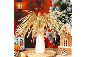Canlierr 6 Pcs Gold Glitter Christmas Picks and Sprays 23.62" Artificial Sequins Twigs Stems Ornaments Decorative Willow Ting Branches for Xmas Tree DIY Wreath Crafts Tree Topper Vase Filler Decor
